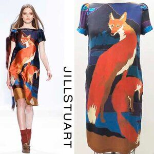 Jill Stuart Collection Women's RARE Stretch Silk Fox Print Blue Orange Dress 6